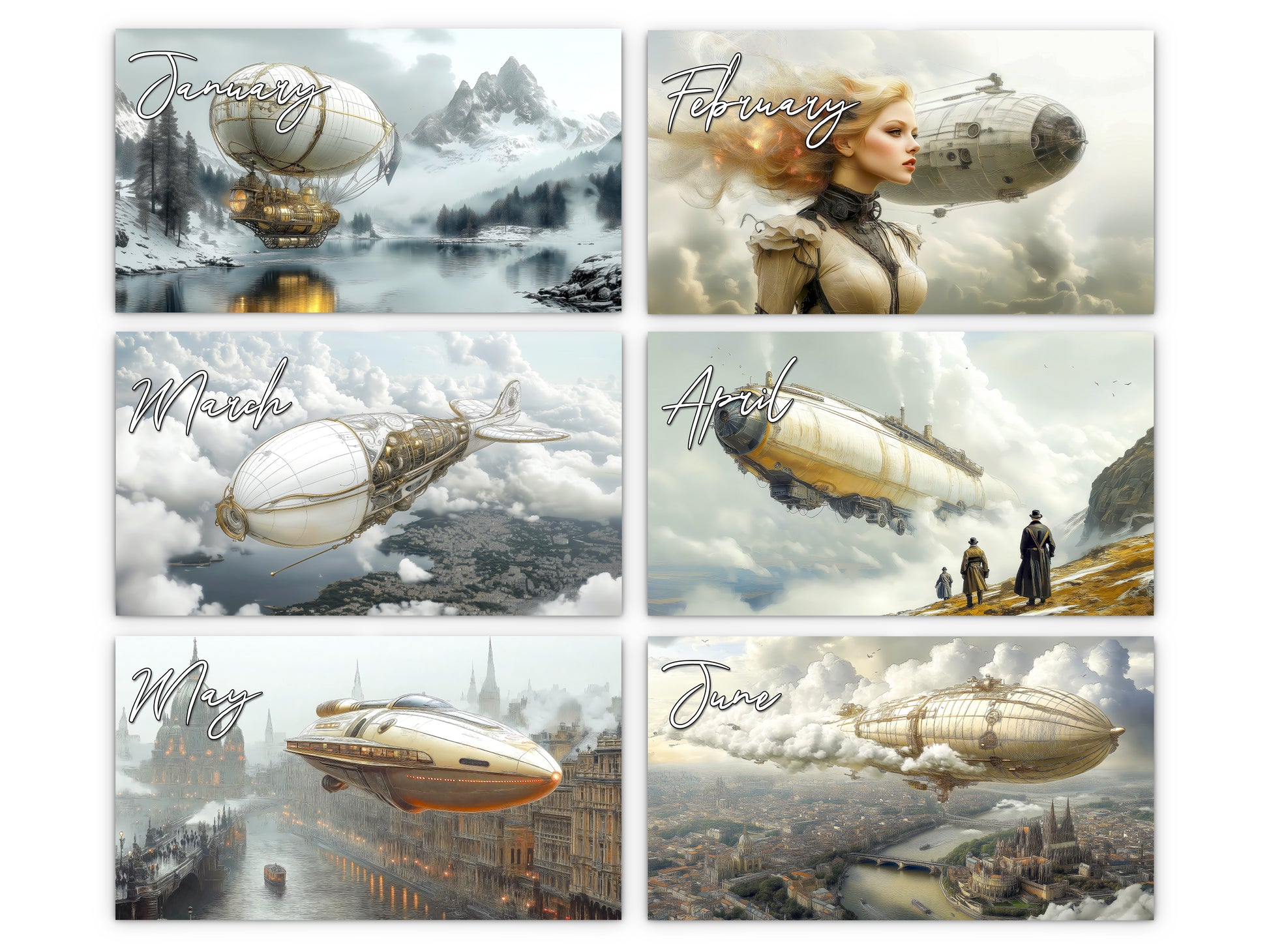Steampunk Airship 2027 wall calendar monthly artwork preview January through June