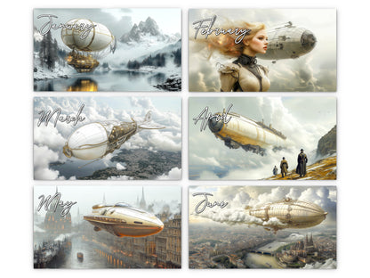 Steampunk Airship 2027 wall calendar monthly artwork preview January through June