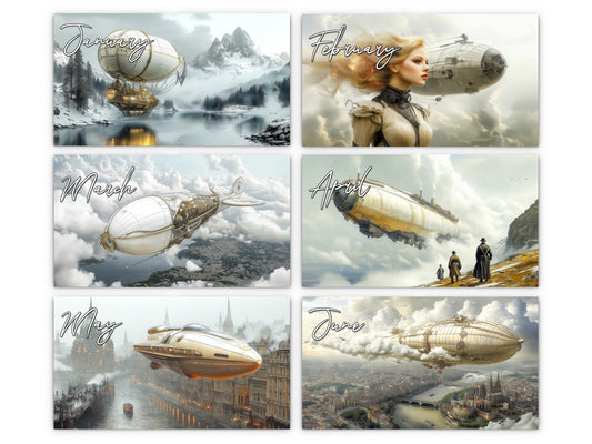 Steampunk Airship 2027 wall calendar monthly artwork preview January through June