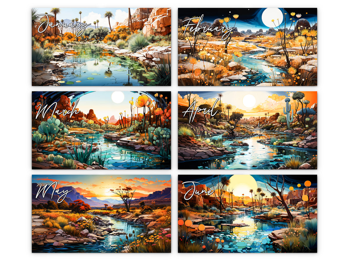 Surreal Canyon 2027 wall calendar monthly artwork preview January through June
