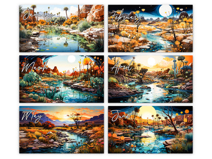 Surreal Canyon 2027 wall calendar monthly artwork preview January through June