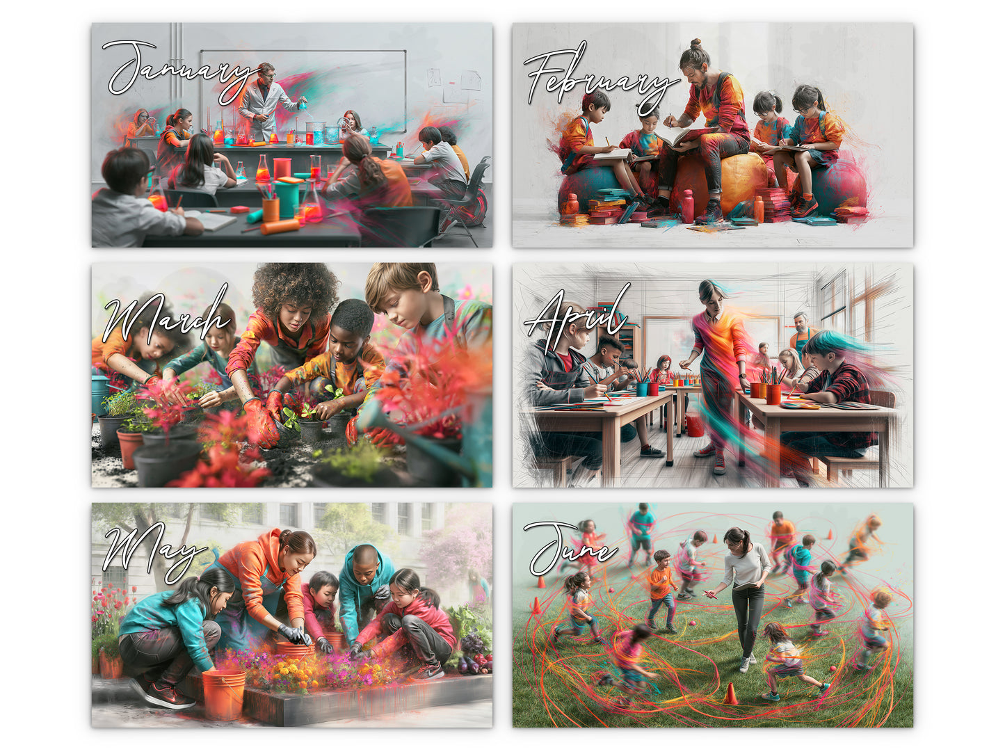 Teacher 2027 wall calendar monthly artwork preview January through June