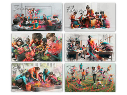 Teacher 2027 wall calendar monthly artwork preview January through June
