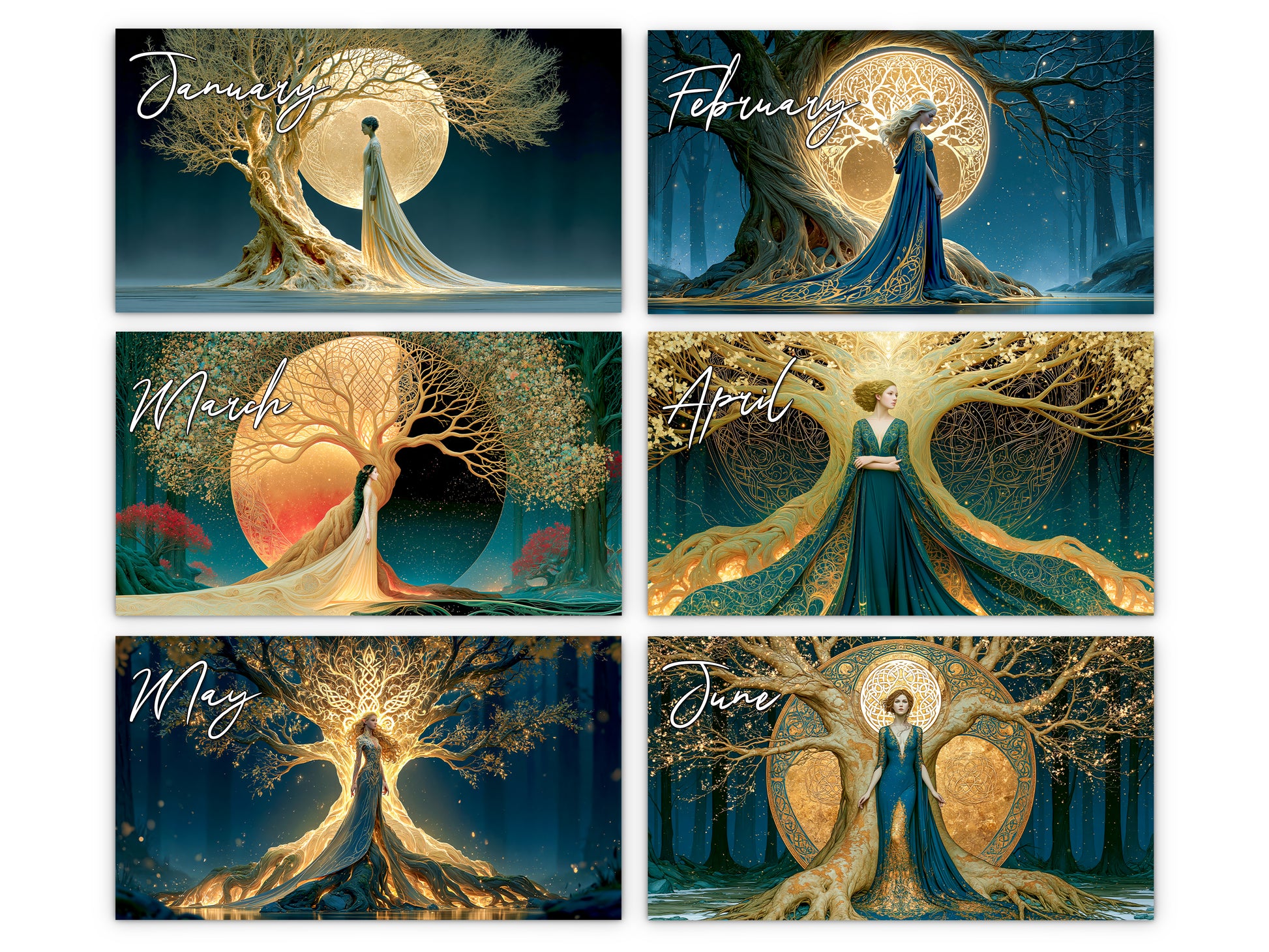 Tree of Life Sacred 2027 wall calendar monthly artwork preview January through June
