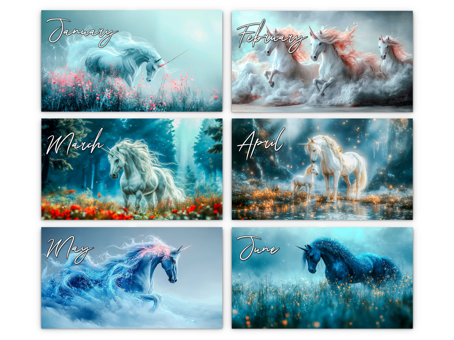 Monthly calendar design with unicorns for each month, featuring different scenic backgrounds.