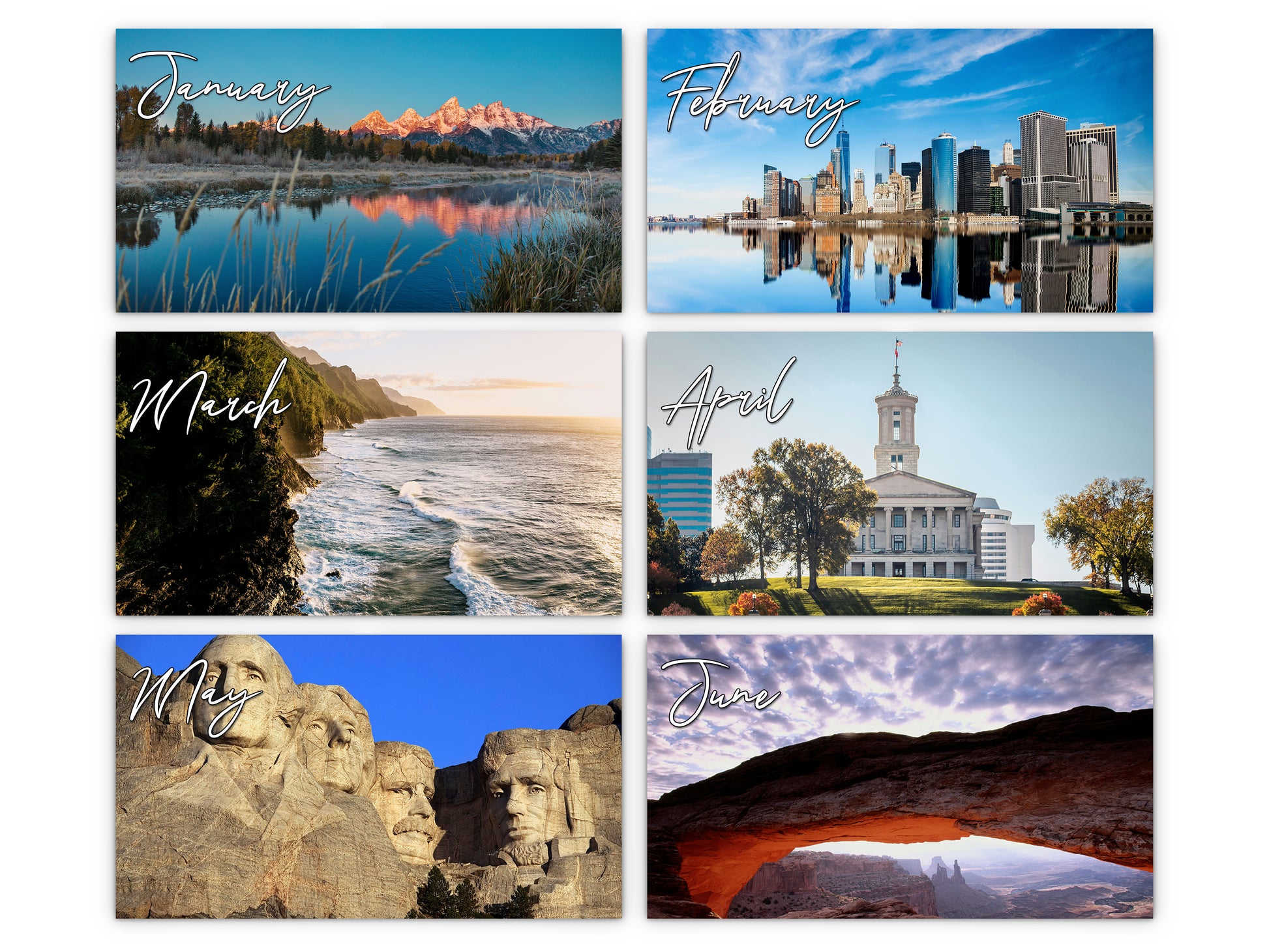 United States Vistas by Kaleidoscope Artisan - Cities and Landscapes with Holidays 2027 wall calendar monthly artwork preview January through June