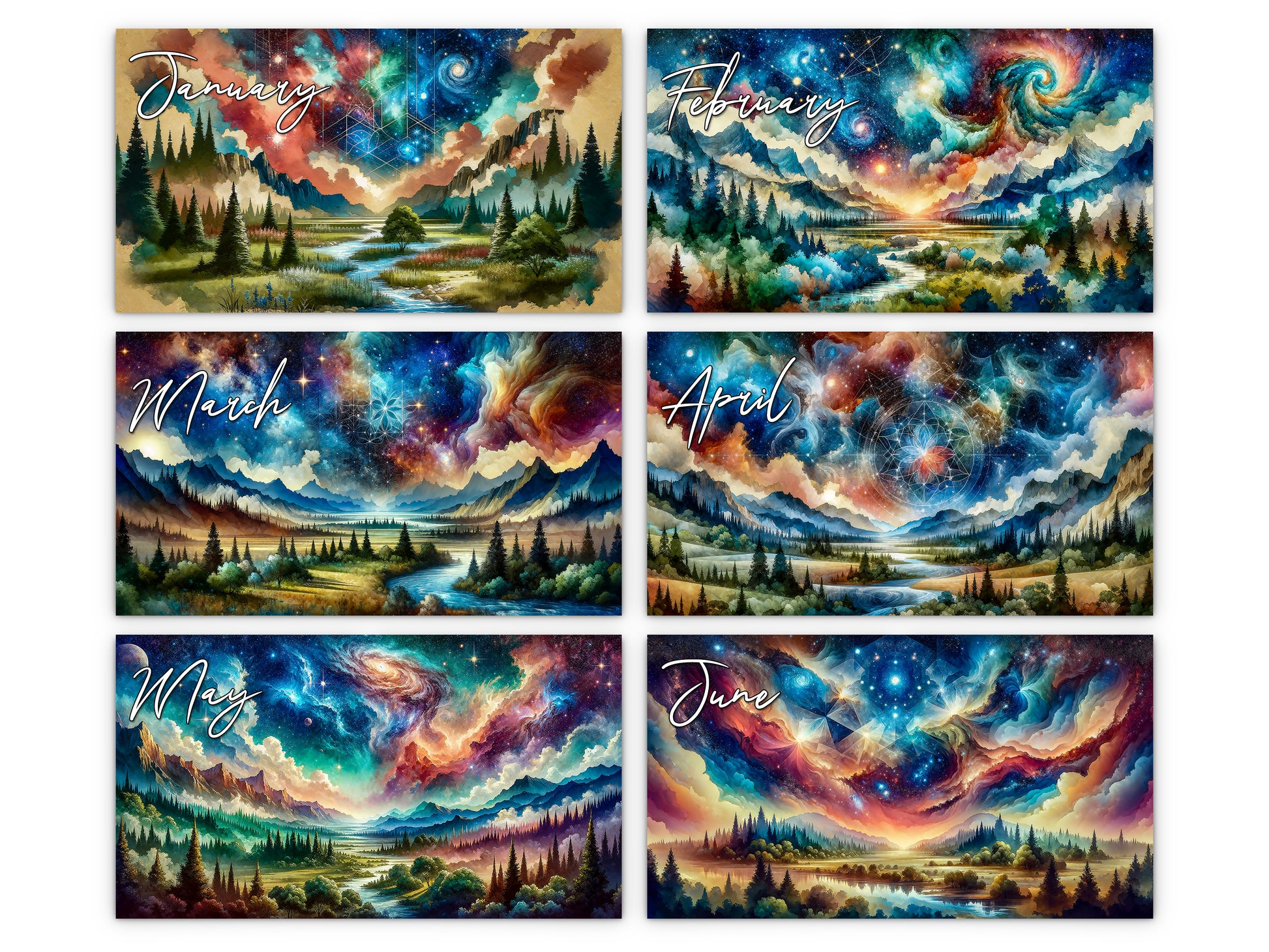 Watercolor Horizons 2027 wall calendar monthly artwork preview January through June