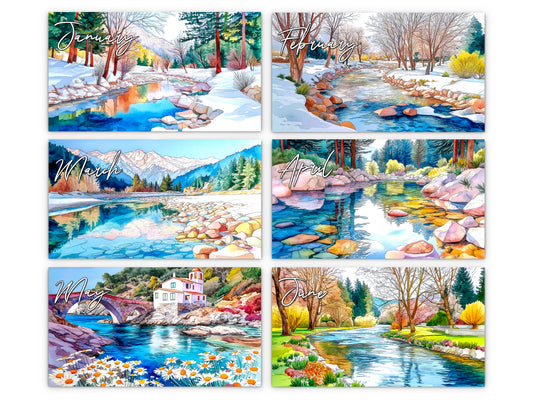 Seasonal landscape cards with nature scenes for each month.