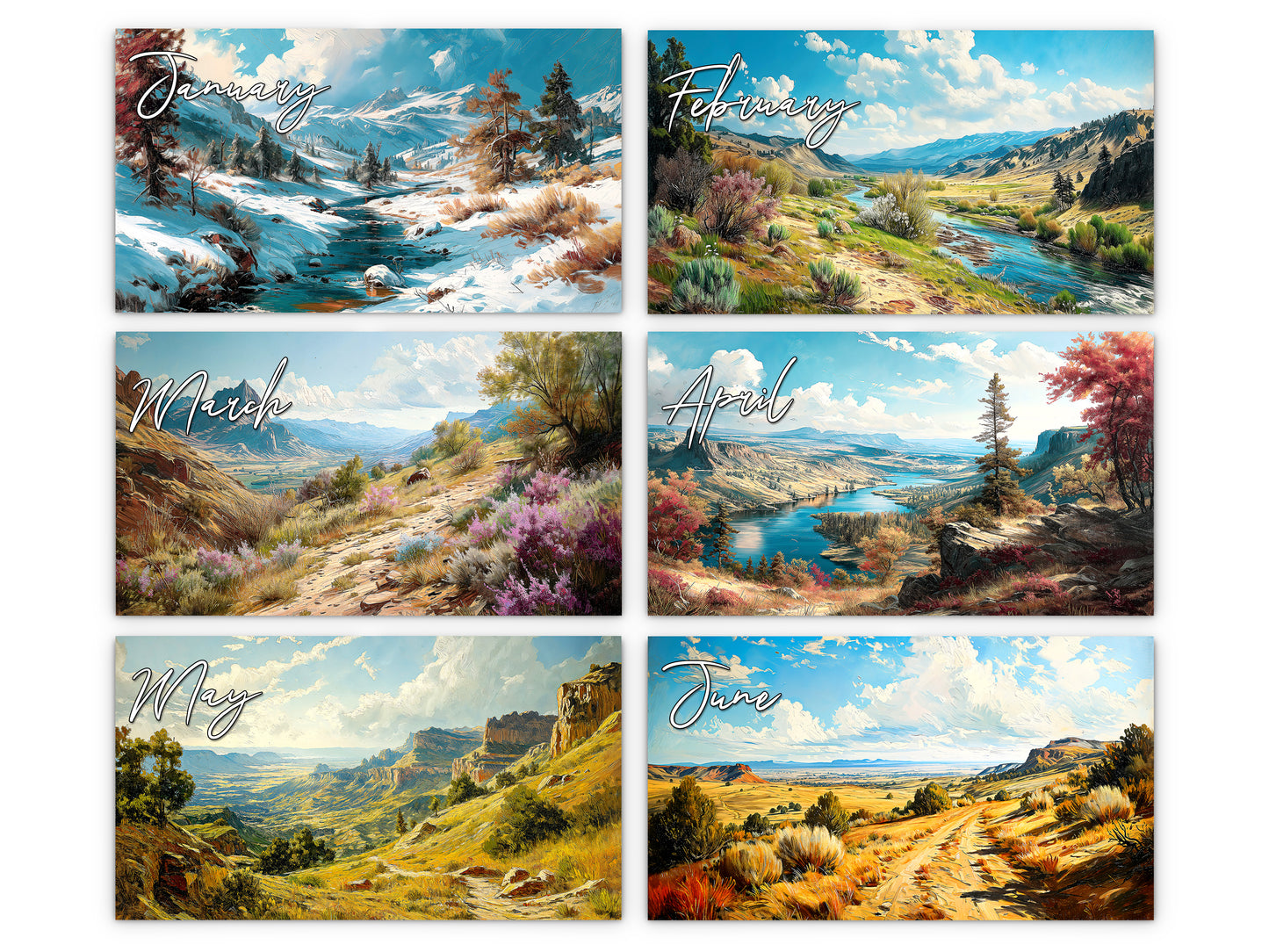 Western Vistas 2027 wall calendar monthly artwork preview January through June
