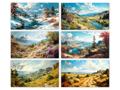 Western Vistas 2027 wall calendar monthly artwork preview January through June
