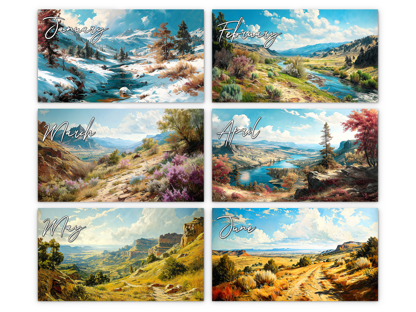 Western Vistas 2027 wall calendar monthly artwork preview January through June