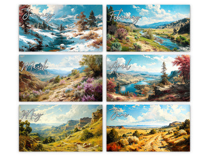 Western Vistas 2027 wall calendar monthly artwork preview January through June
