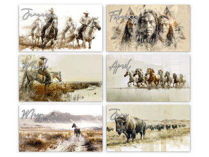 Wild Frontier 2027 wall calendar monthly artwork preview January through June