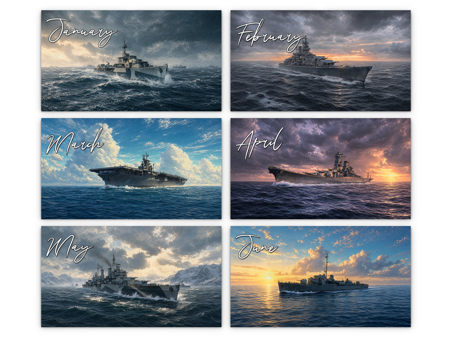 WWII Ships of Valor 2027 wall calendar monthly artwork preview January through June