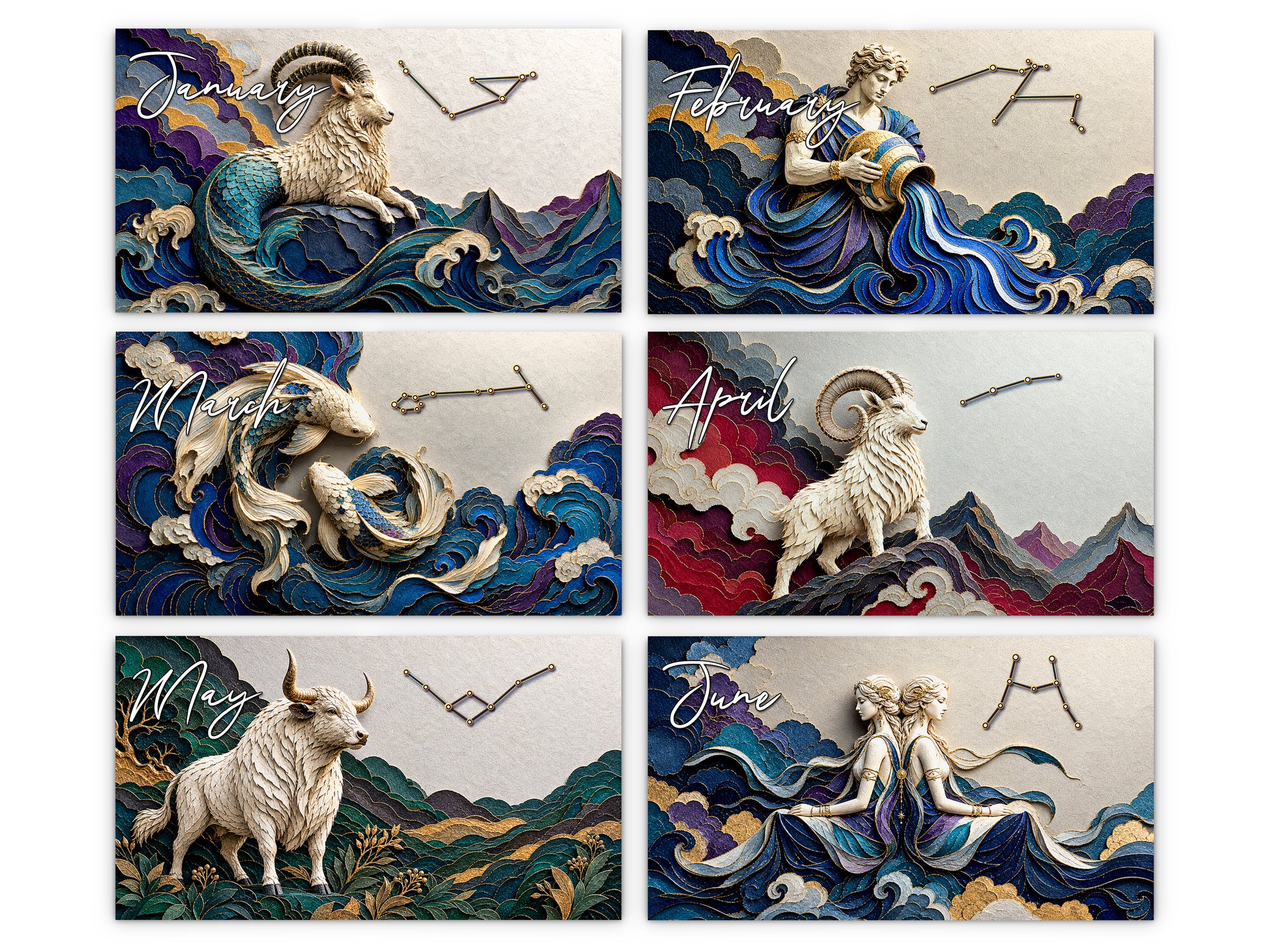 Zodiac Astrology 2027 wall calendar monthly artwork preview January through June