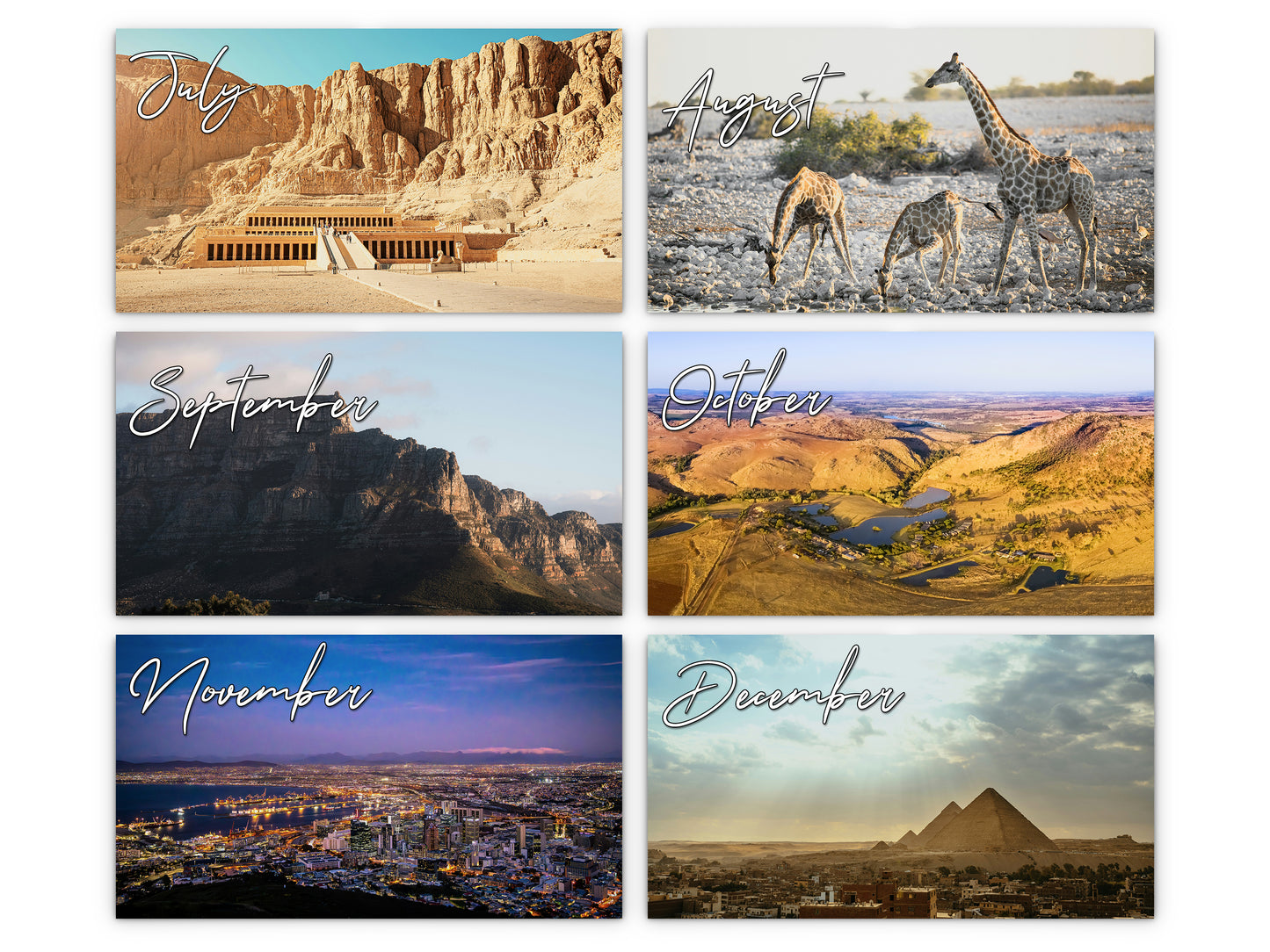 Africa Vistas by Kaleidoscope Artisan - Wildlife and Landscapes with Holidays 2027 wall calendar monthly artwork preview July through December