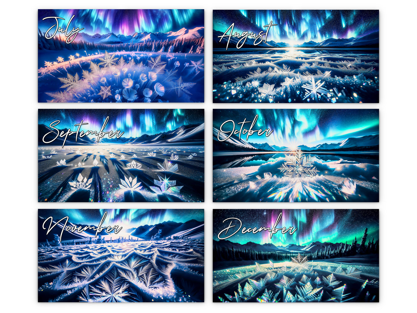 Alaska Celestial Dance 2027 wall calendar monthly artwork preview July through December