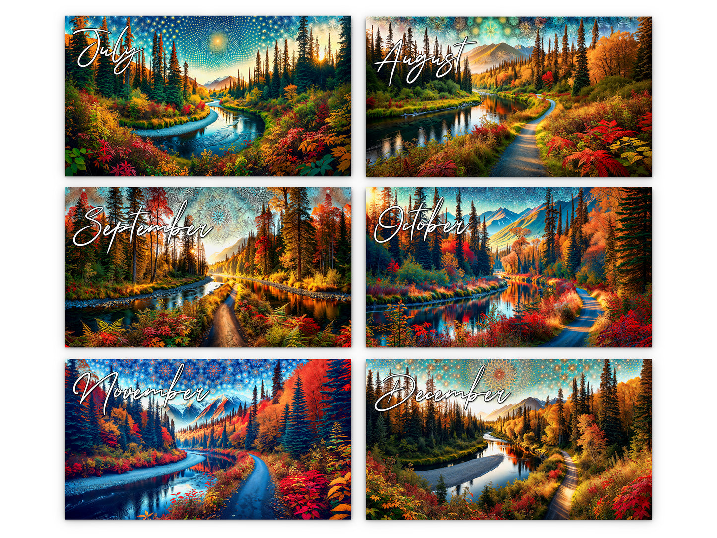 Alaska's Autumn 2027 wall calendar monthly artwork preview July through December