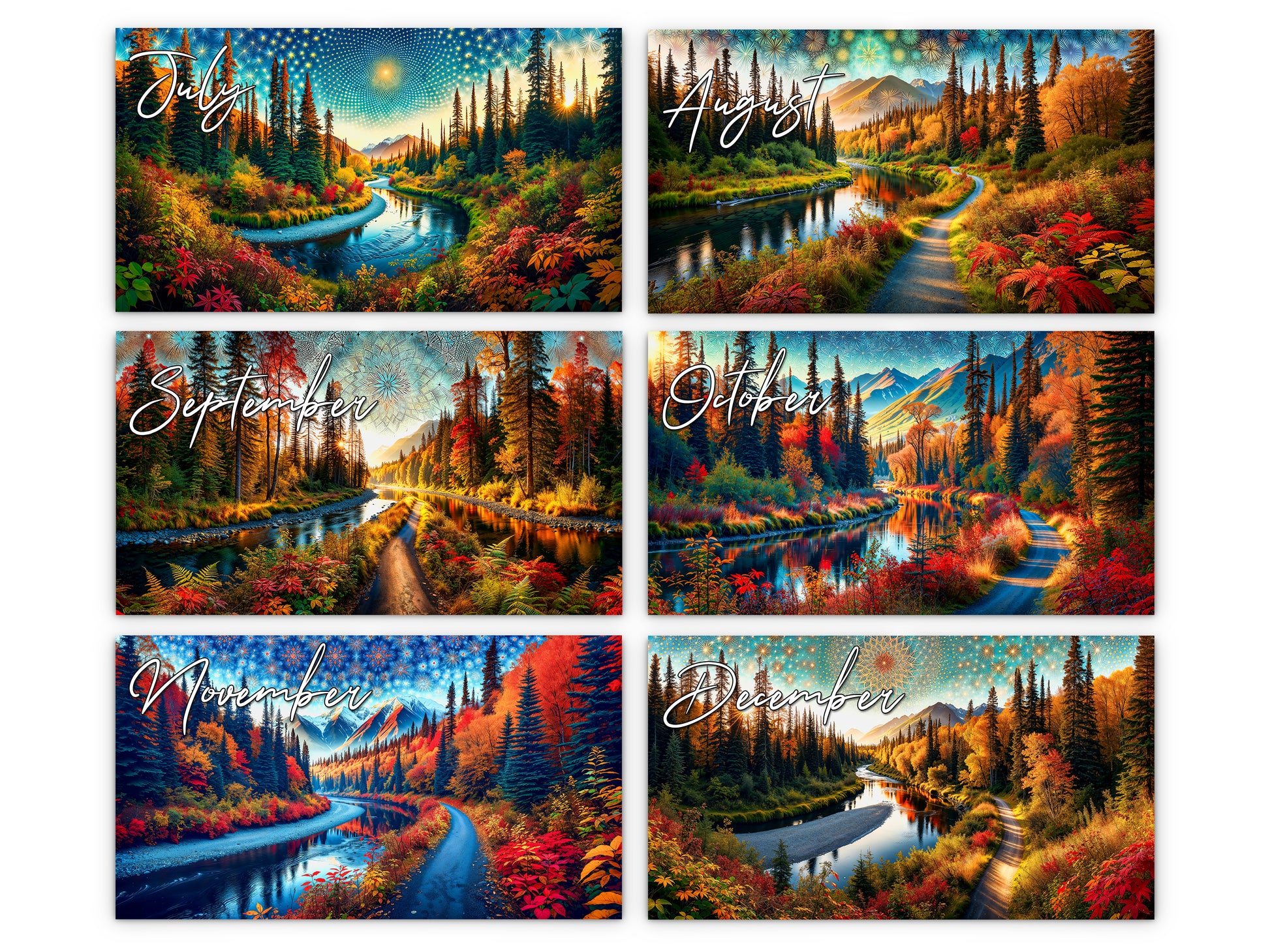 Alaska's Autumn 2027 wall calendar monthly artwork preview July through December