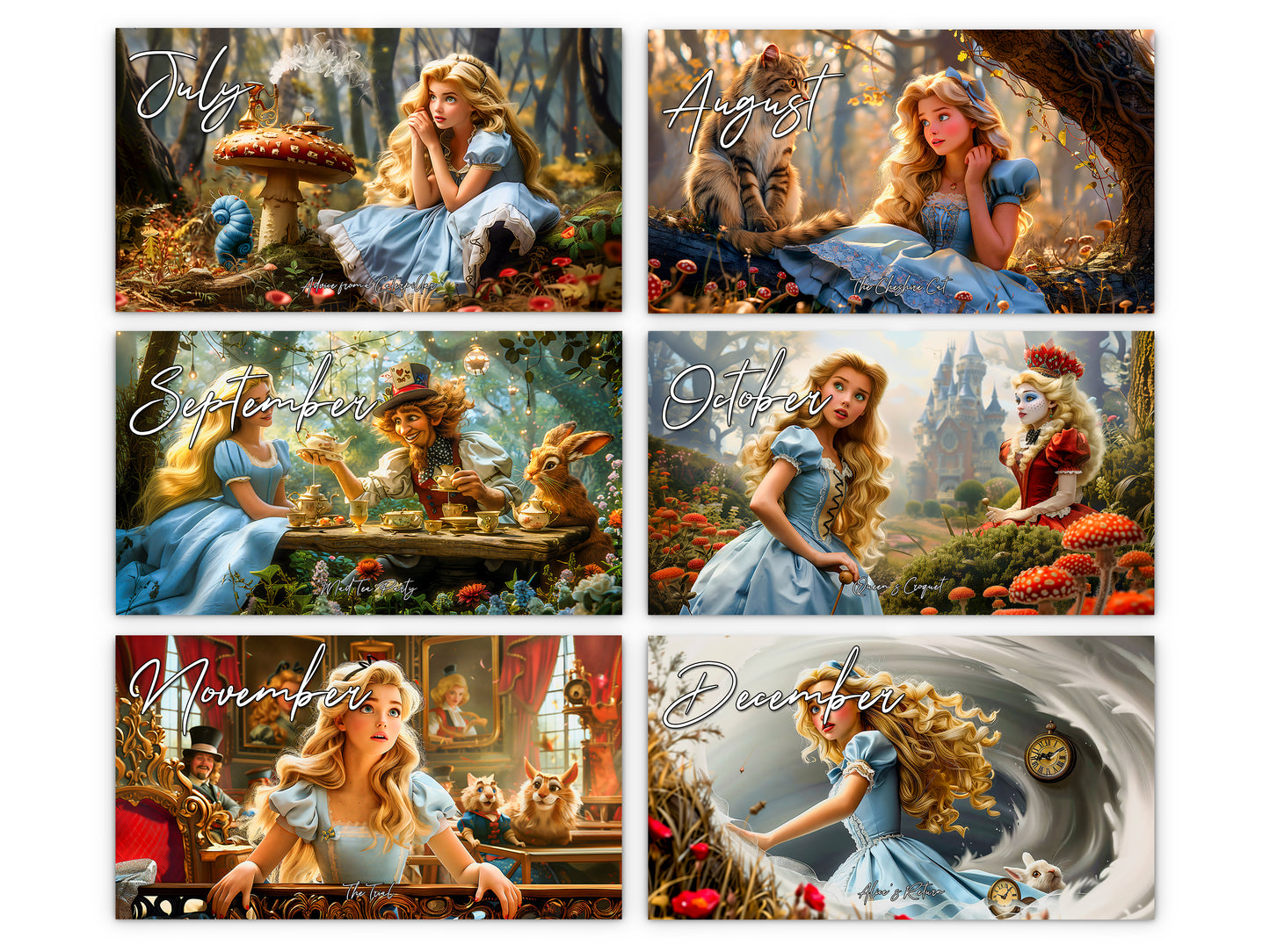 Alice in Wonderland 2027 wall calendar monthly artwork preview July through December