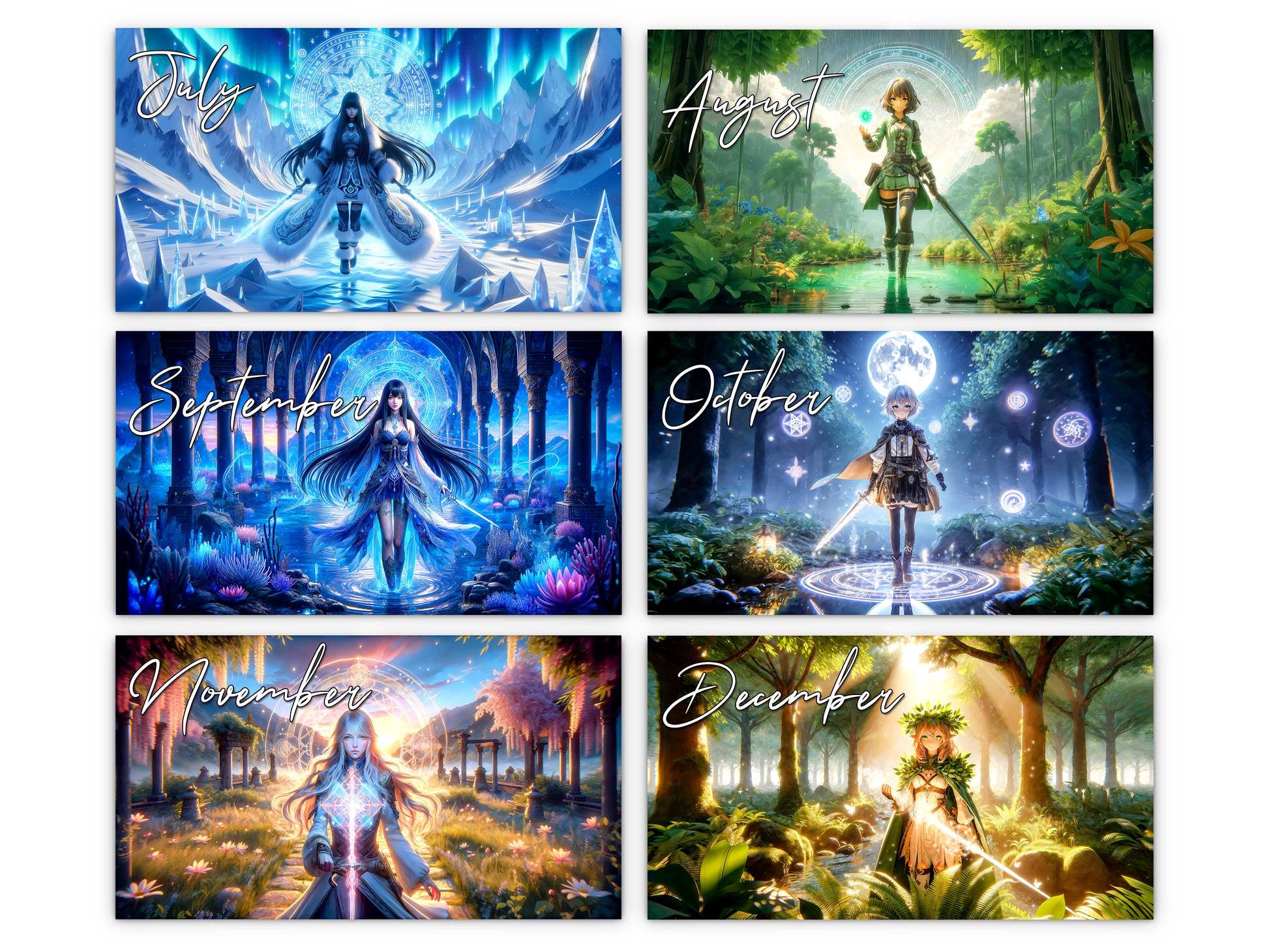 Anime Horizons 2027 wall calendar monthly artwork preview July through December