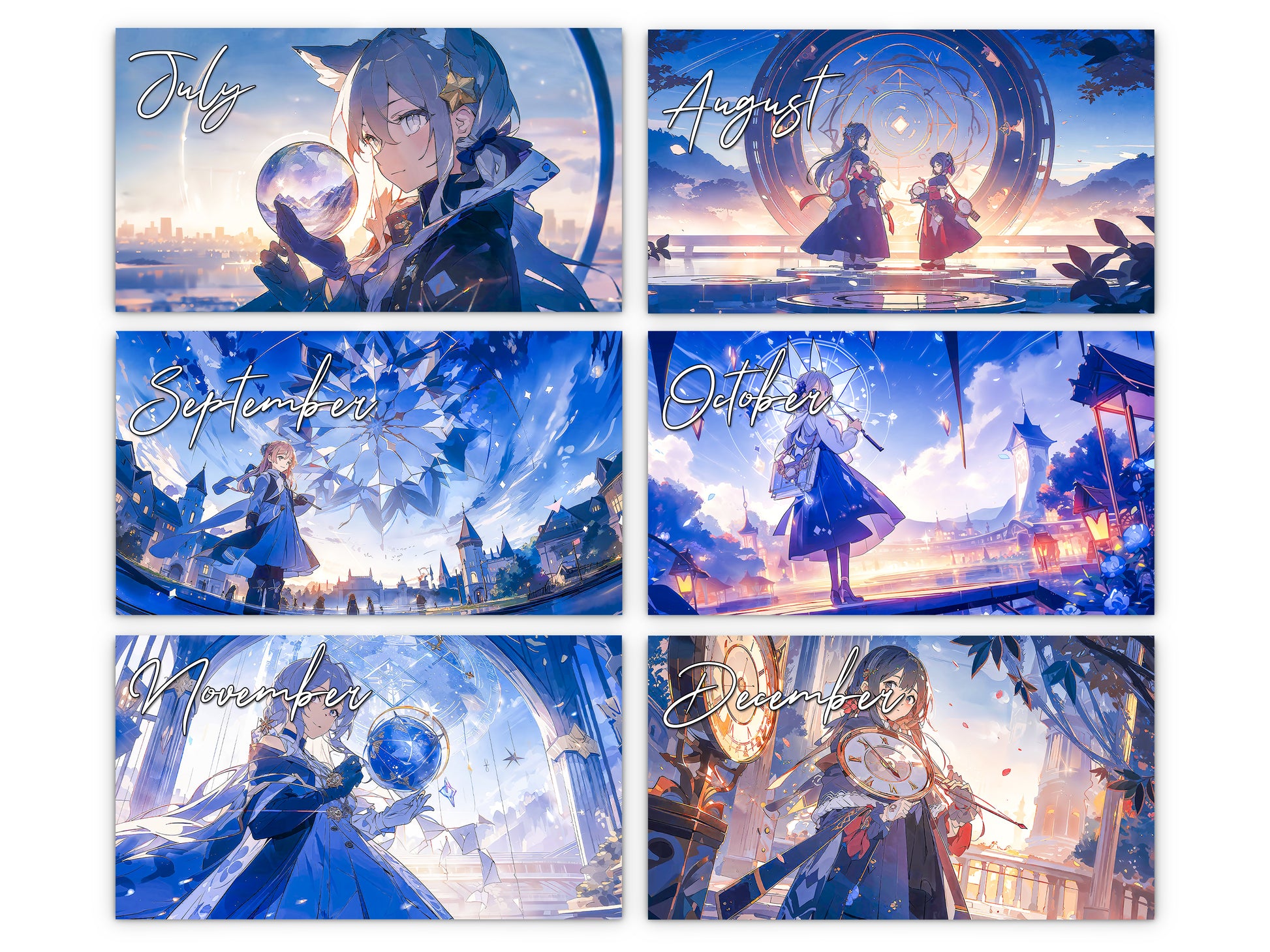 Anime Illuminated Tales 2027 wall calendar monthly artwork preview July through December