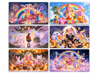 Anime Rainbow 2027 wall calendar monthly artwork preview July through December