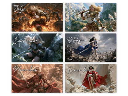 Anime Warrioress by Kaleidoscope Artisan - Mythic Guardians with Holidays 2027 wall calendar monthly artwork preview July through December