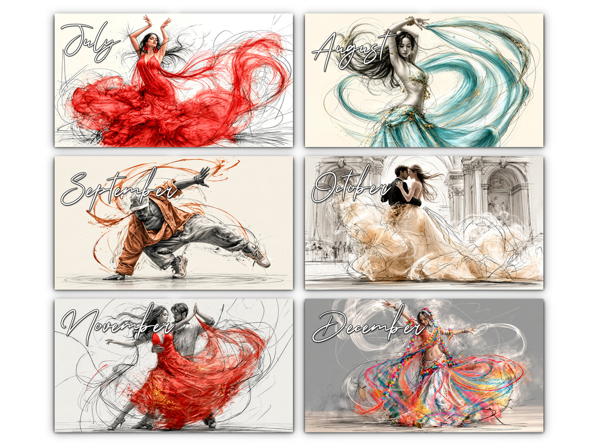 Art of Dance 2027 wall calendar monthly artwork preview July through December