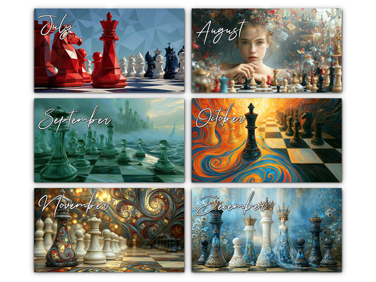 Artistic Chess 2027 wall calendar monthly artwork preview July through December