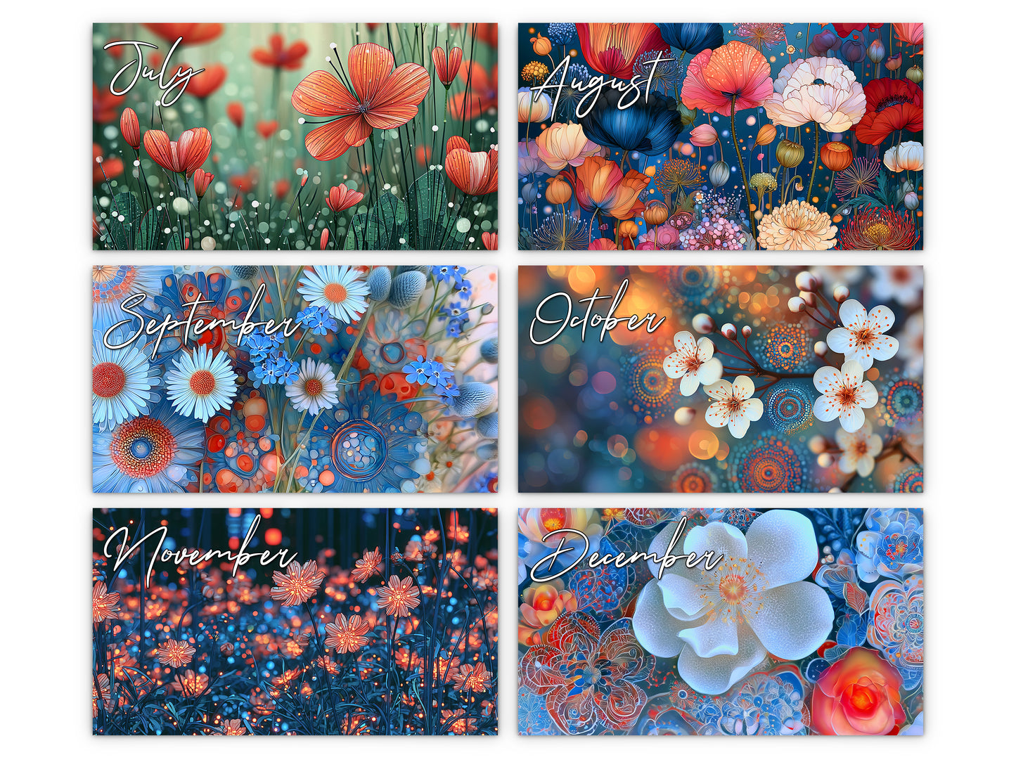 Artistic Flowers 2027 wall calendar monthly artwork preview July through December