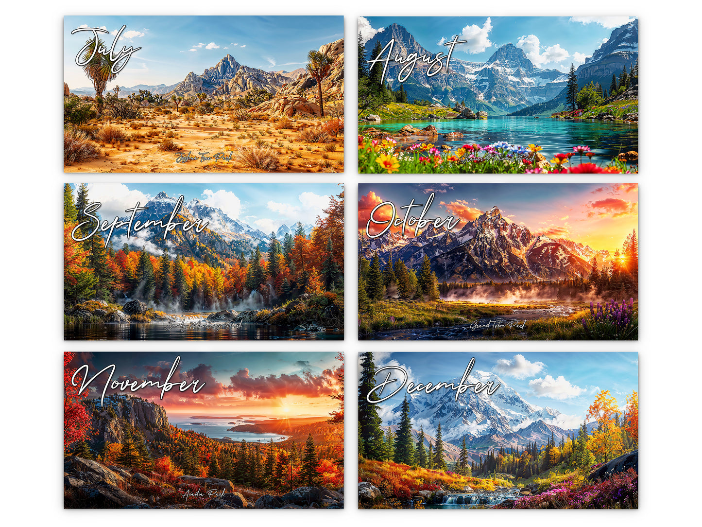Artistic National Parks 2027 wall calendar monthly artwork preview July through December