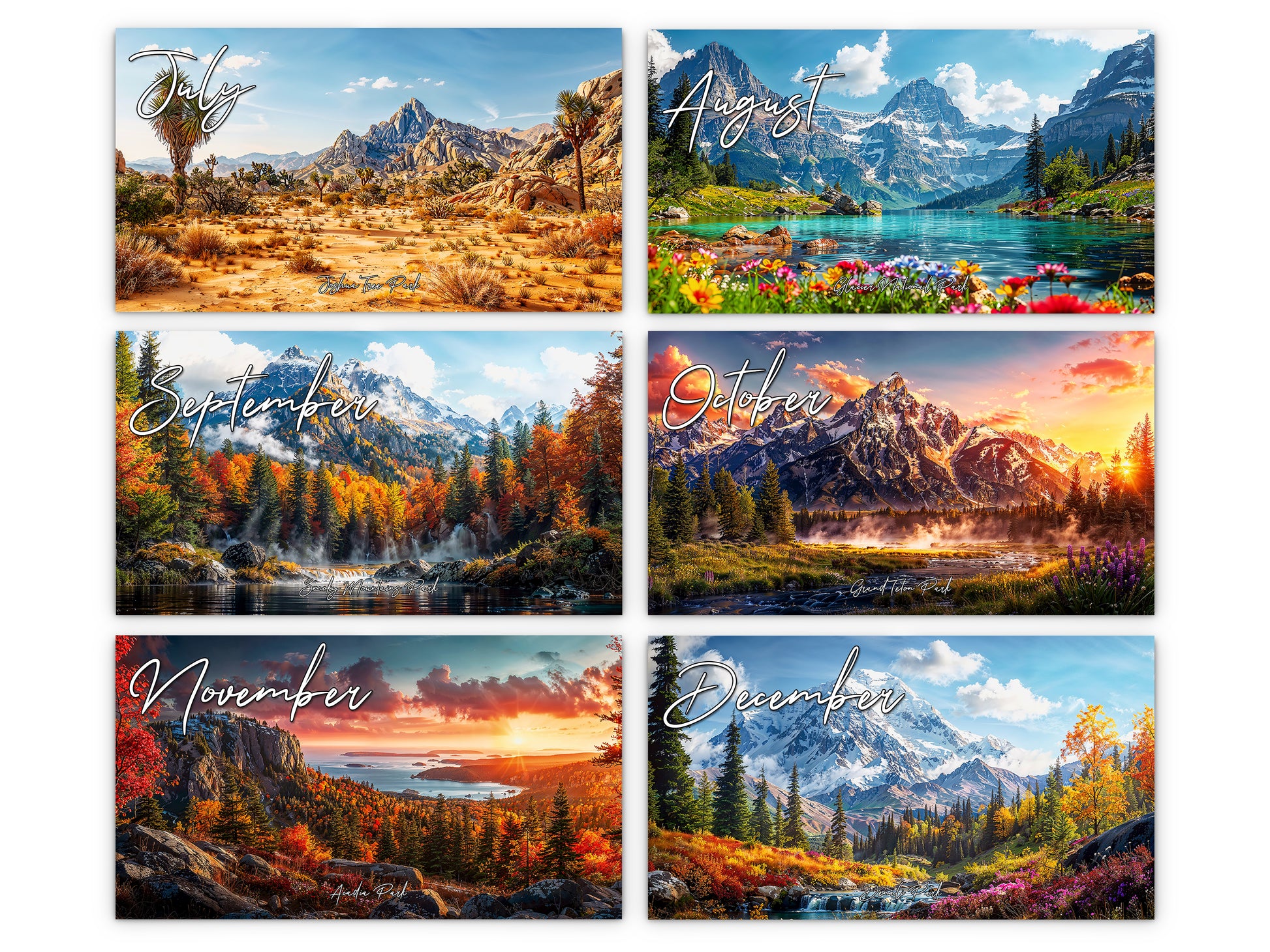 Artistic National Parks 2027 wall calendar monthly artwork preview July through December