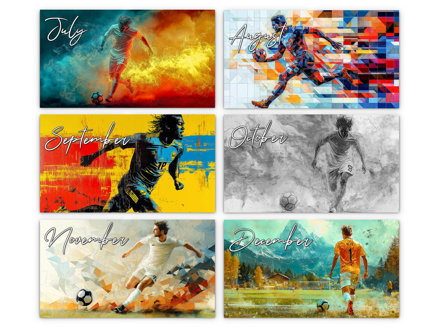 Artistic Soccer 2027 wall calendar monthly artwork preview July through December