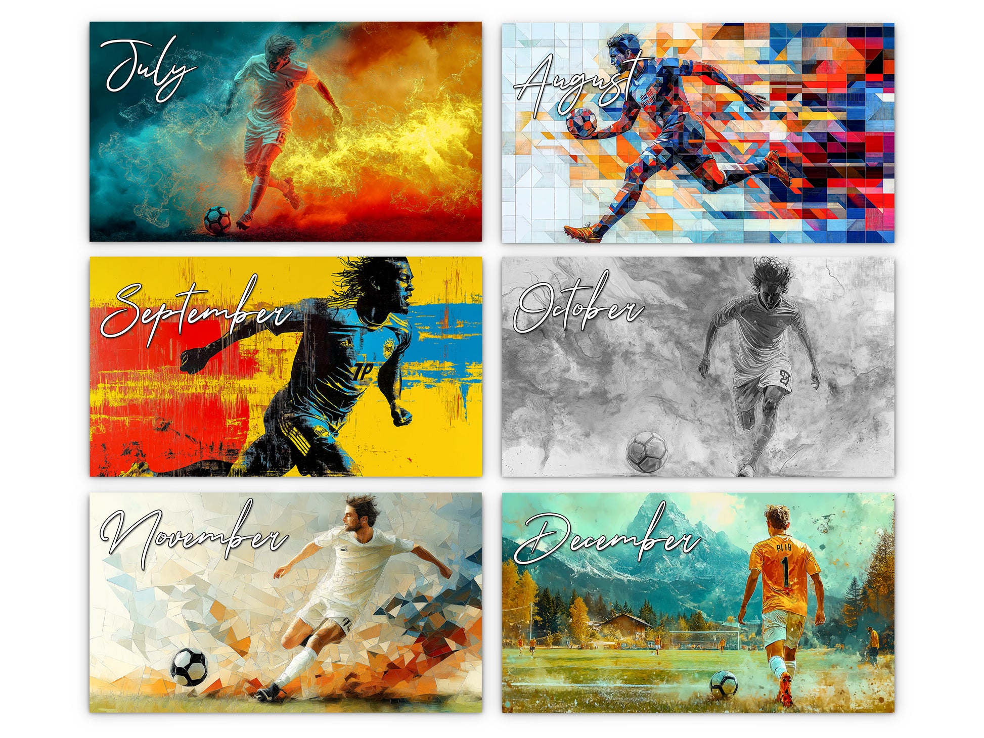 Artistic Soccer 2027 wall calendar monthly artwork preview July through December