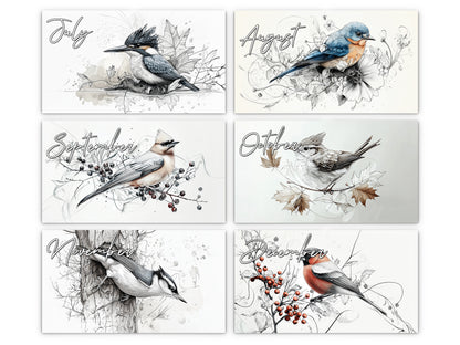 Avian Sketches 2027 wall calendar monthly artwork preview July through December