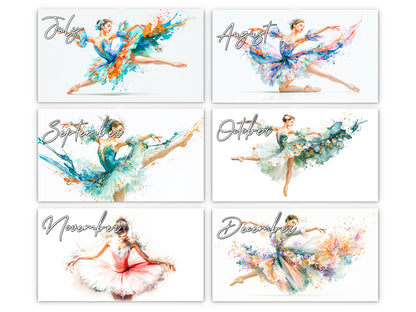 2027 Ballerina Wall Calendar by Kaleidoscope Artisan – Graceful Watercolor Motion with Holidays