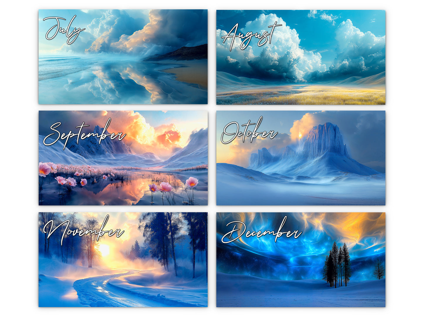 Blue Vistas 2027 wall calendar monthly artwork preview July through December