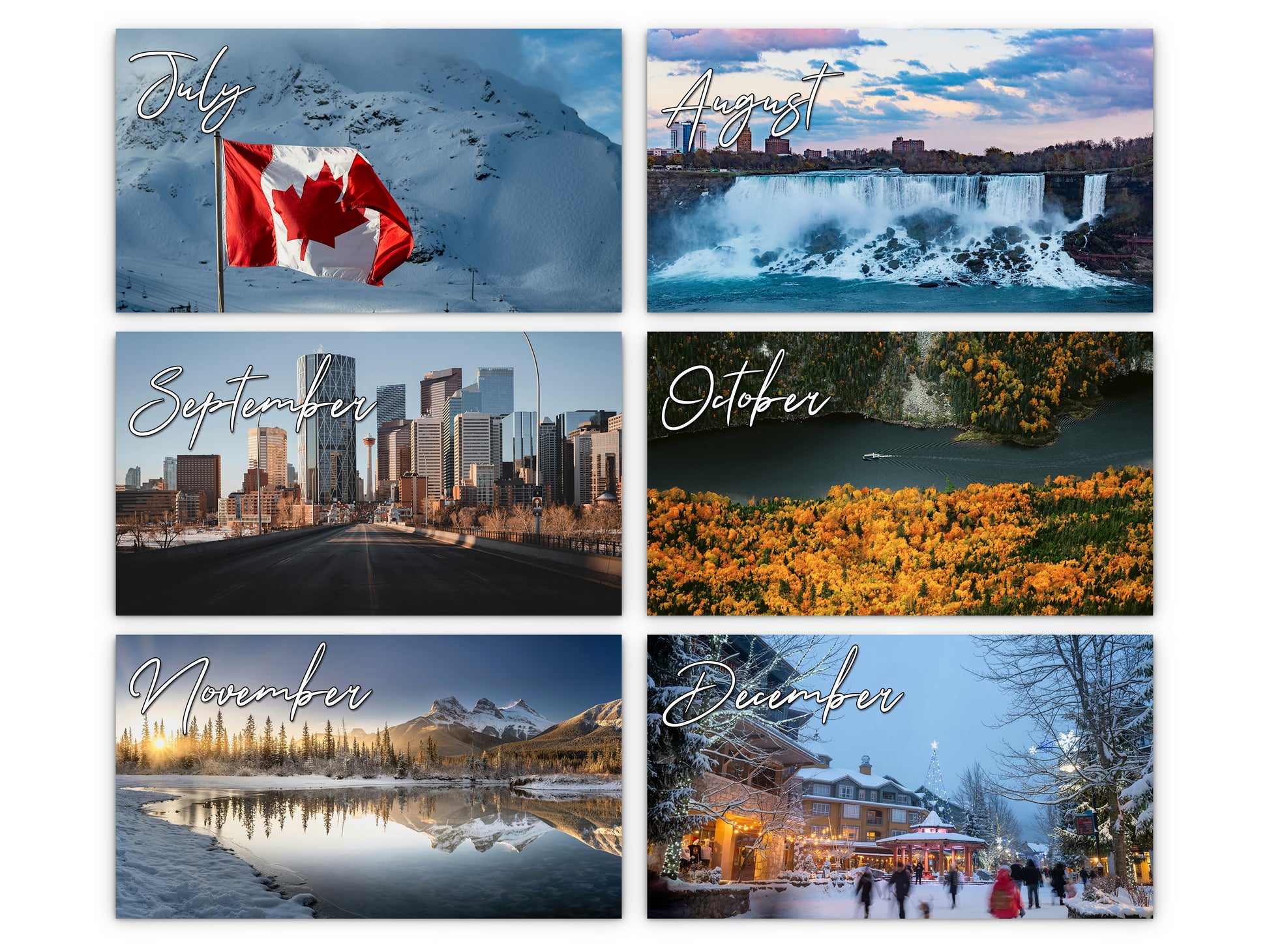 Canada Vistas by Kaleidoscope Artisan - Cities and Landscapes with Holidays 2027 wall calendar monthly artwork preview July through December
