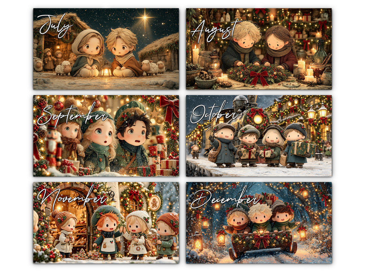 Christmas Wonder 2027 wall calendar monthly artwork preview July through December
