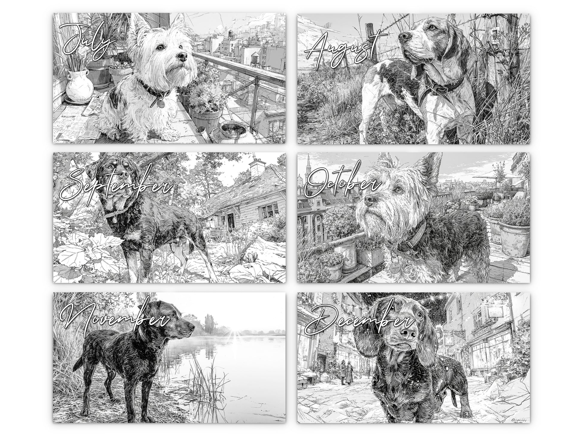 Dog Lover Sketches 2027 wall calendar monthly artwork preview July through December