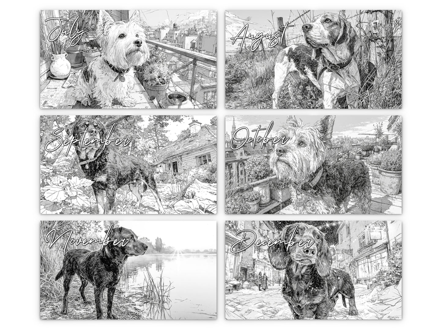 Dog Lover Sketches 2027 wall calendar monthly artwork preview July through December
