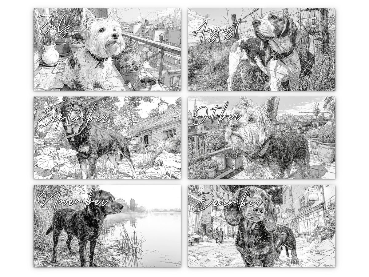Dog Lover Sketches 2027 wall calendar monthly artwork preview July through December