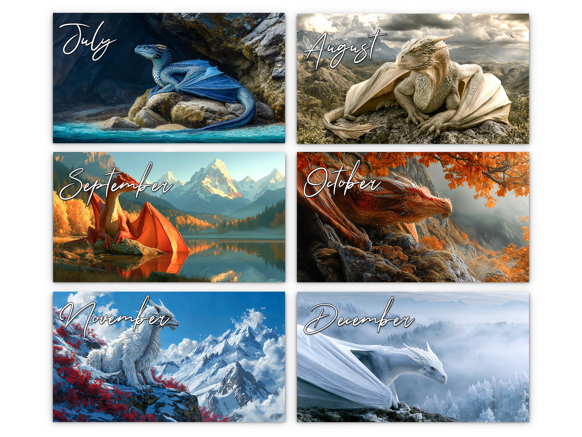 Dragon 2027 wall calendar monthly artwork preview July through December