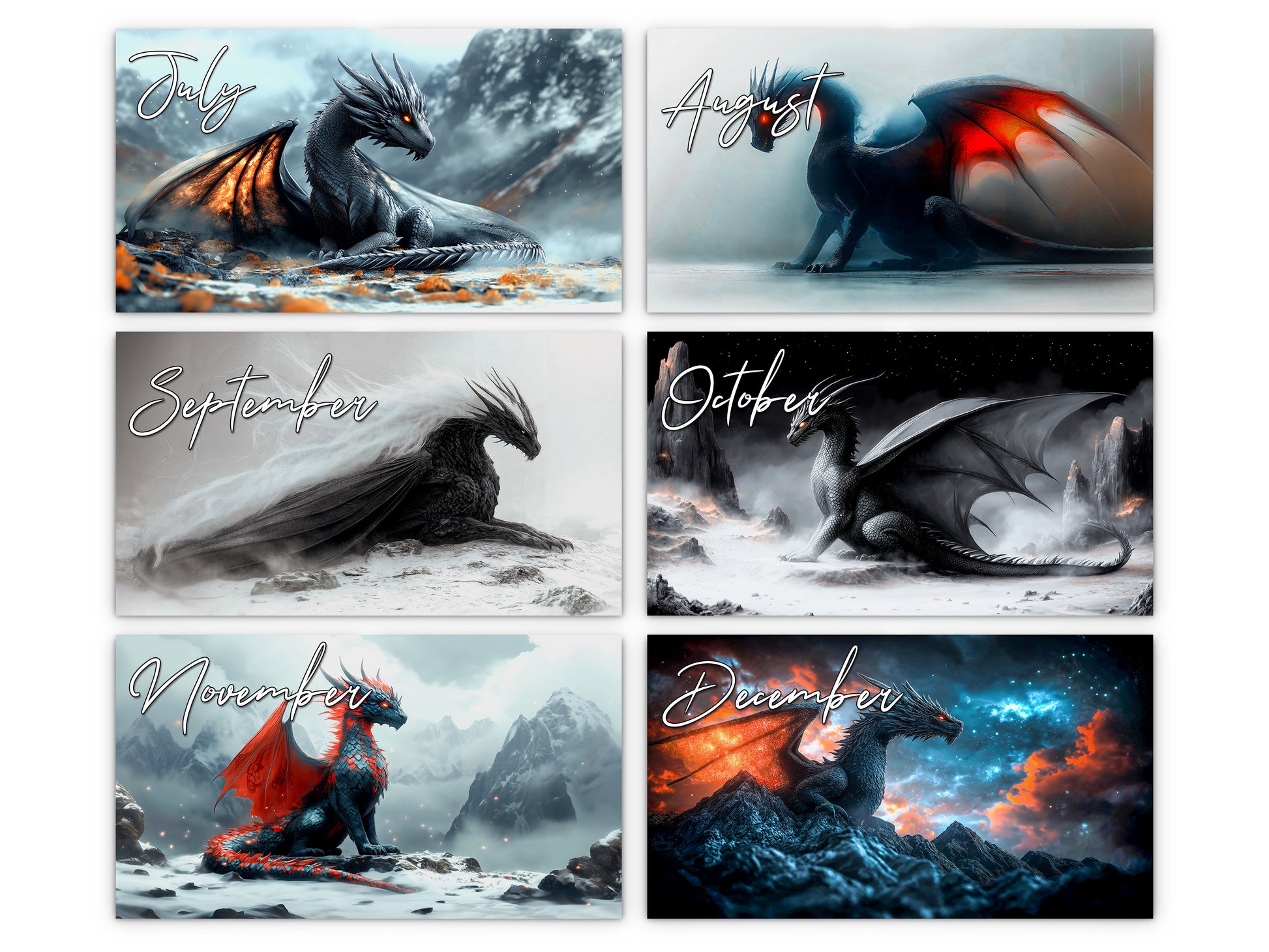 Dragon Dark 2027 wall calendar monthly artwork preview July through December