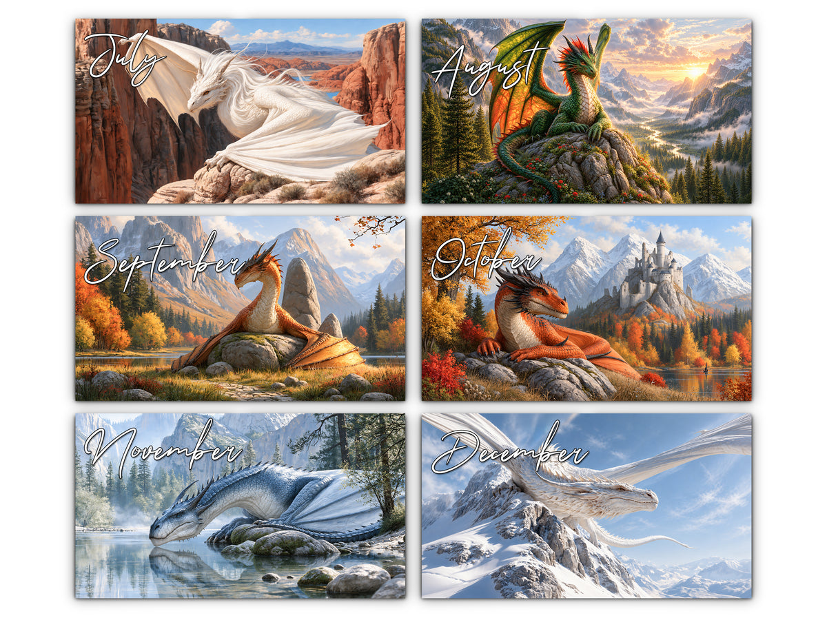 July through December dragon artwork: canyon, green dragon above a mountain valley, autumn lake, castle, icy lake, and snowy mountain peaks.