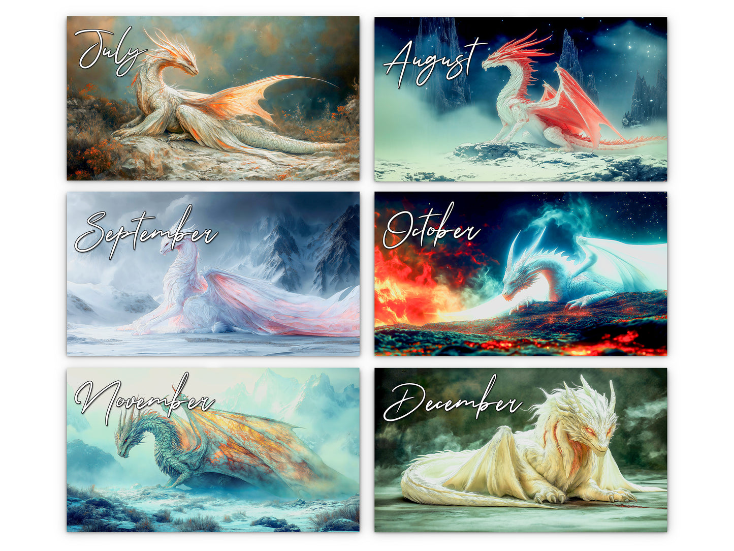 Dragon Light 2027 wall calendar monthly artwork preview July through December