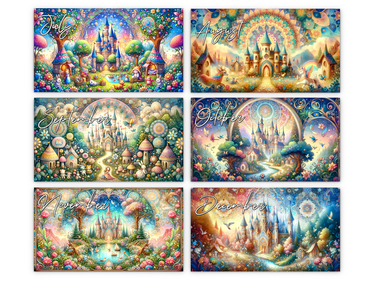 Enchanted 2027 wall calendar monthly artwork preview July through December