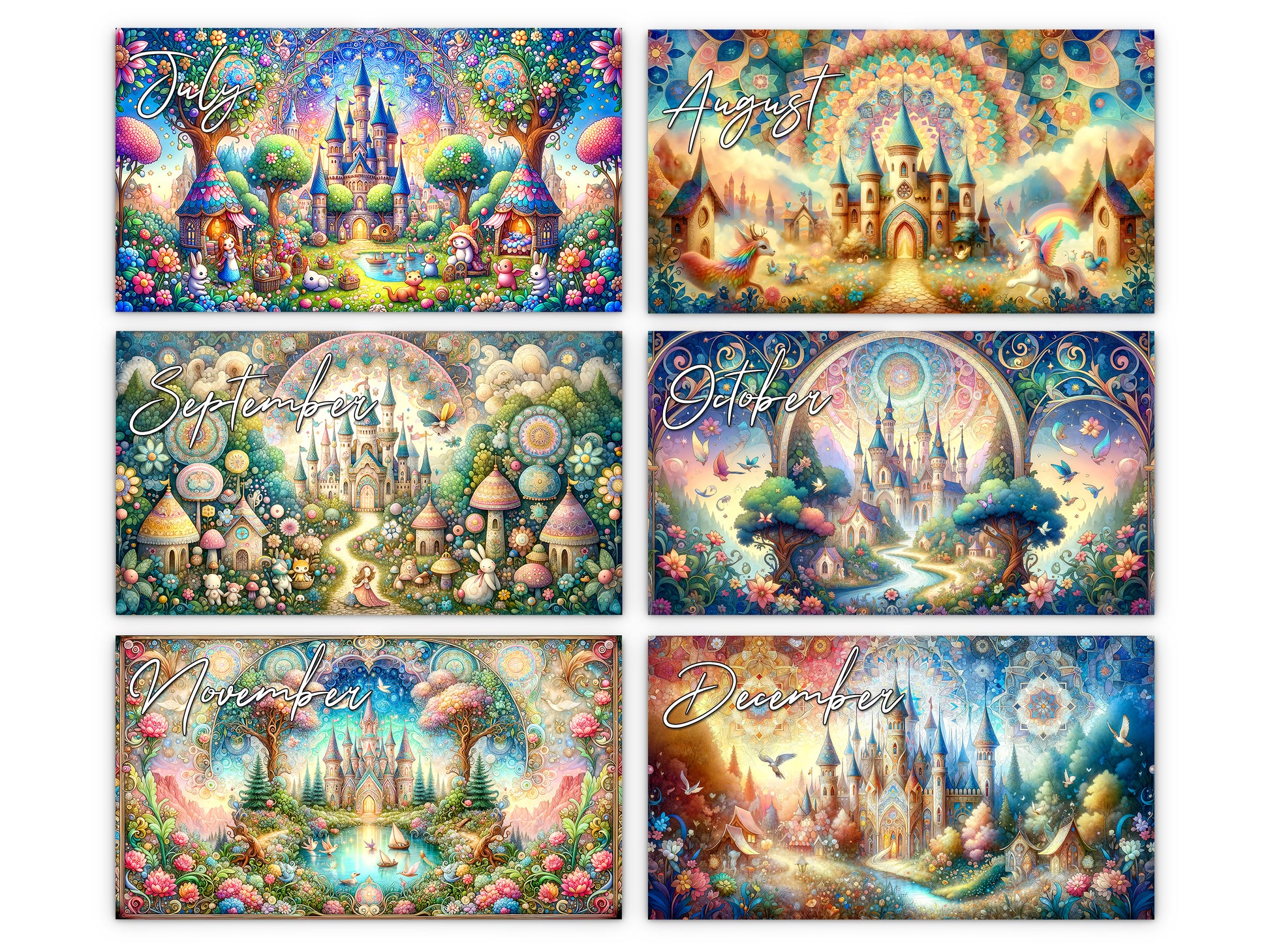 Enchanted 2027 wall calendar monthly artwork preview July through December