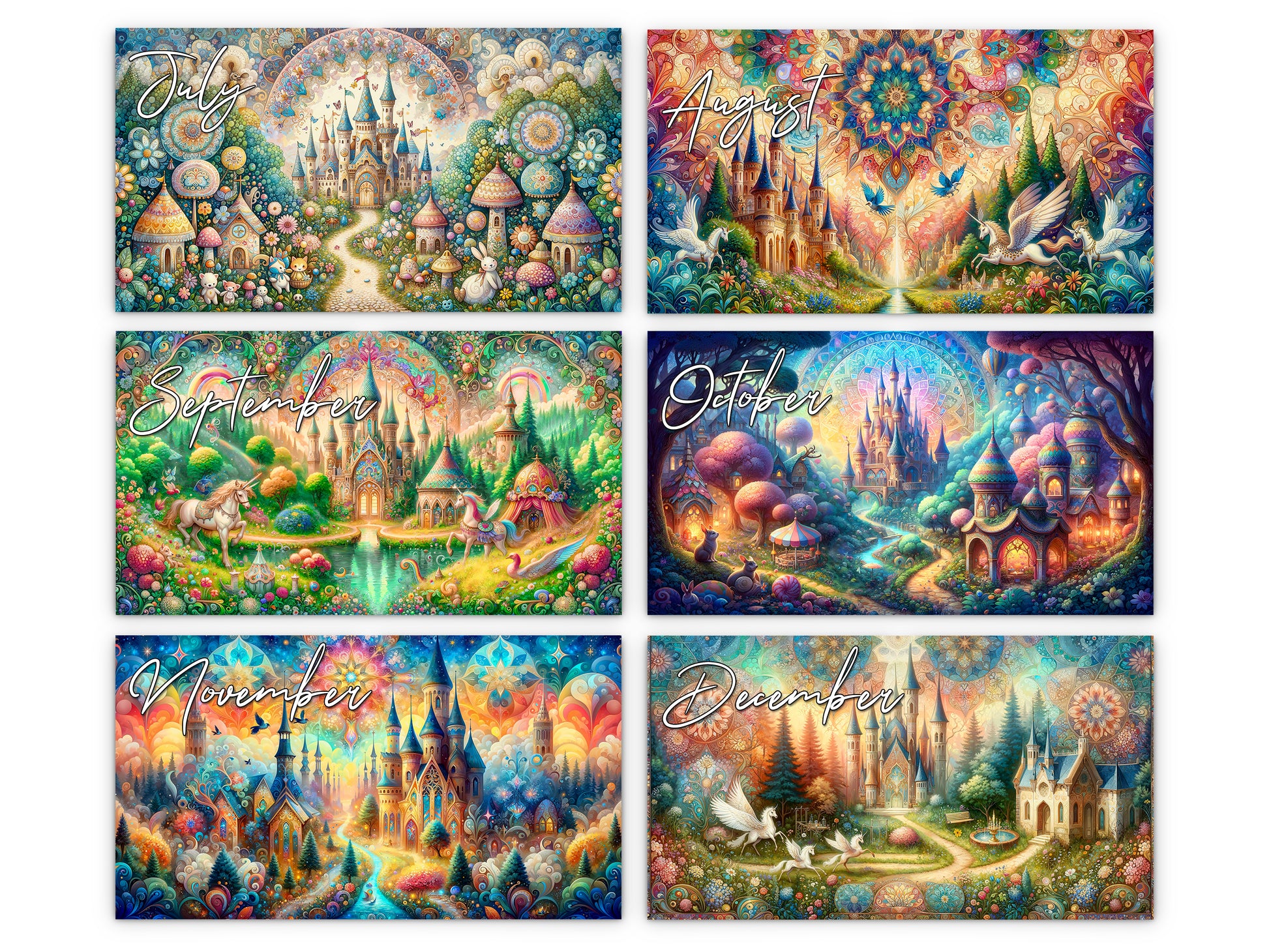 Enchanted Moments 2027 wall calendar monthly artwork preview July through December
